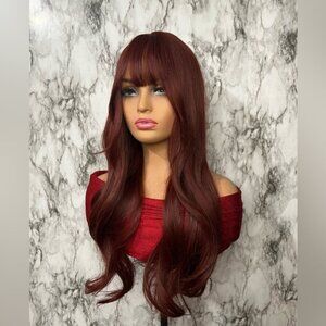 28 Inch Burgundy Long Wavy Wig with Bangs